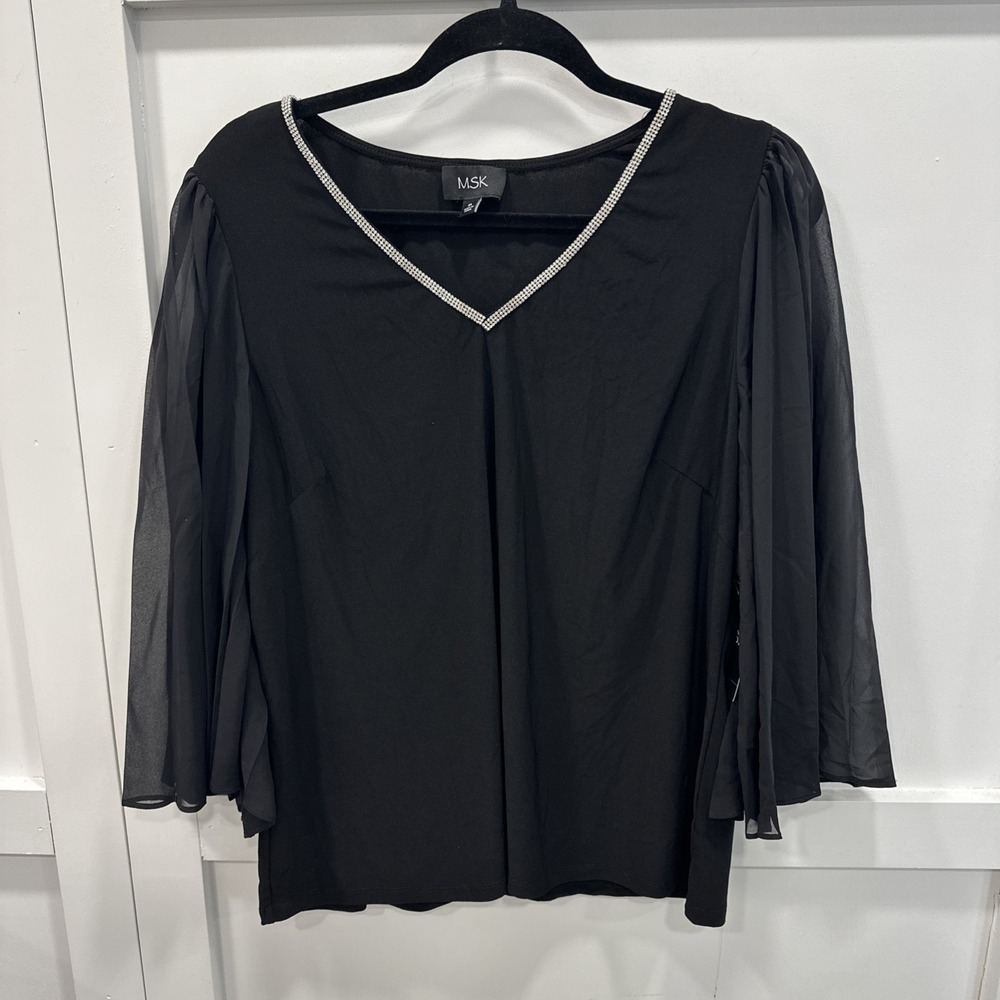 NEW MSK woman's Rhinestone v-neck sheer flutter Sleeve Blouse Black Size XL